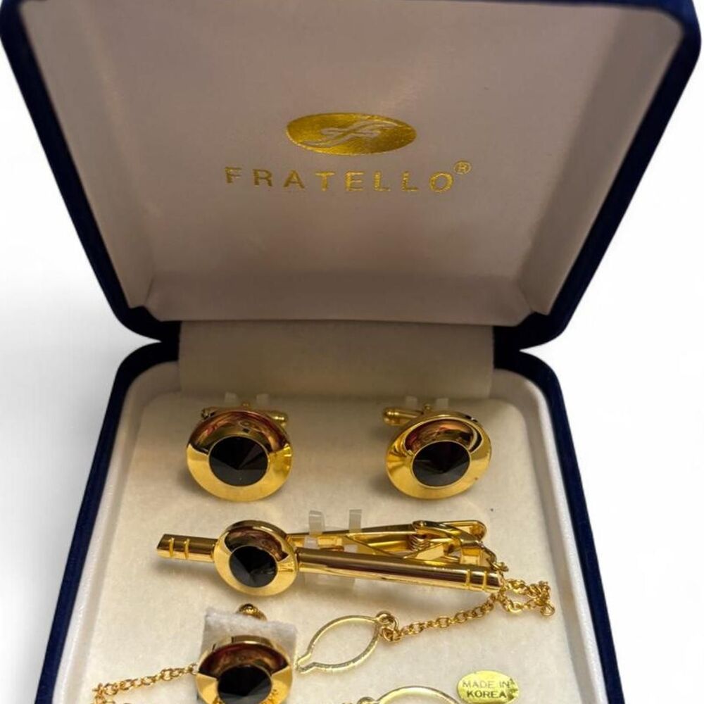 Vintage Fratello Gold Tone Cufflink & Tie Clip Set Black Onyx Style
